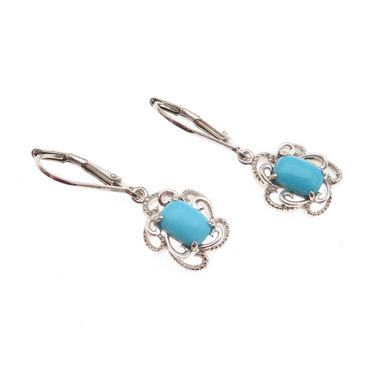 925 Sterling Silver Real Sleeping Beauty Turquoise Floral Dangle Earrings