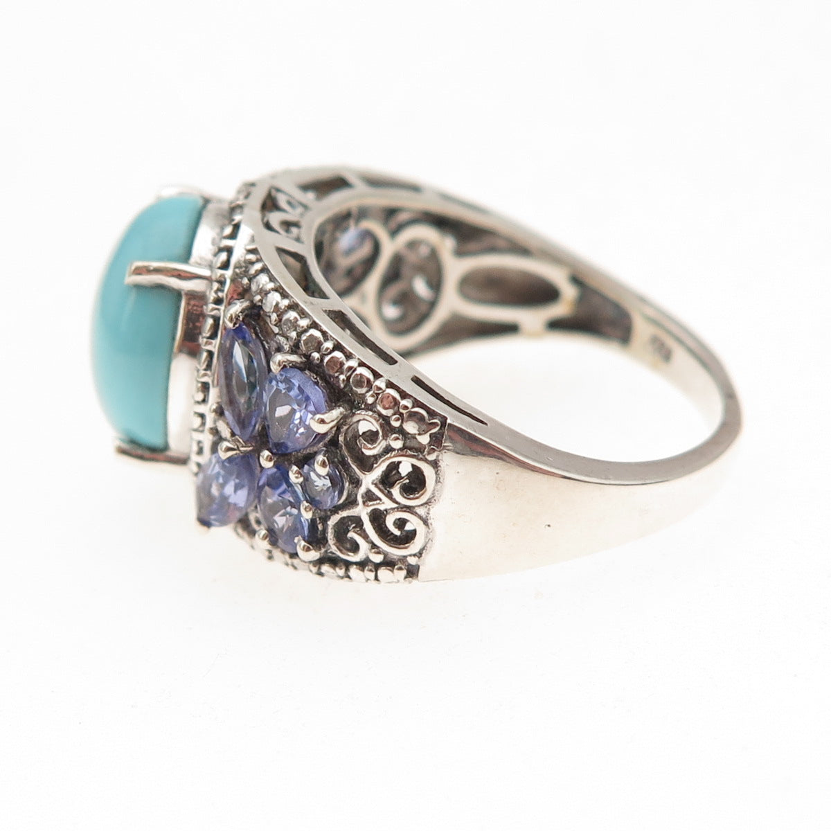 Chuck Clemency Sterling Silver Real Diamond Turquoise & Tanzanite Ring Size 8.25