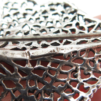 925 Sterling Silver Vintage Ornate Floral Leaf Oxidized Pin Brooch