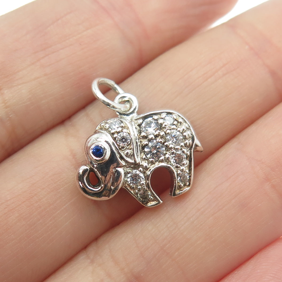 925 Sterling Silver Real Blue Sapphire Gemstone & C Z Elephant Charm Pendant