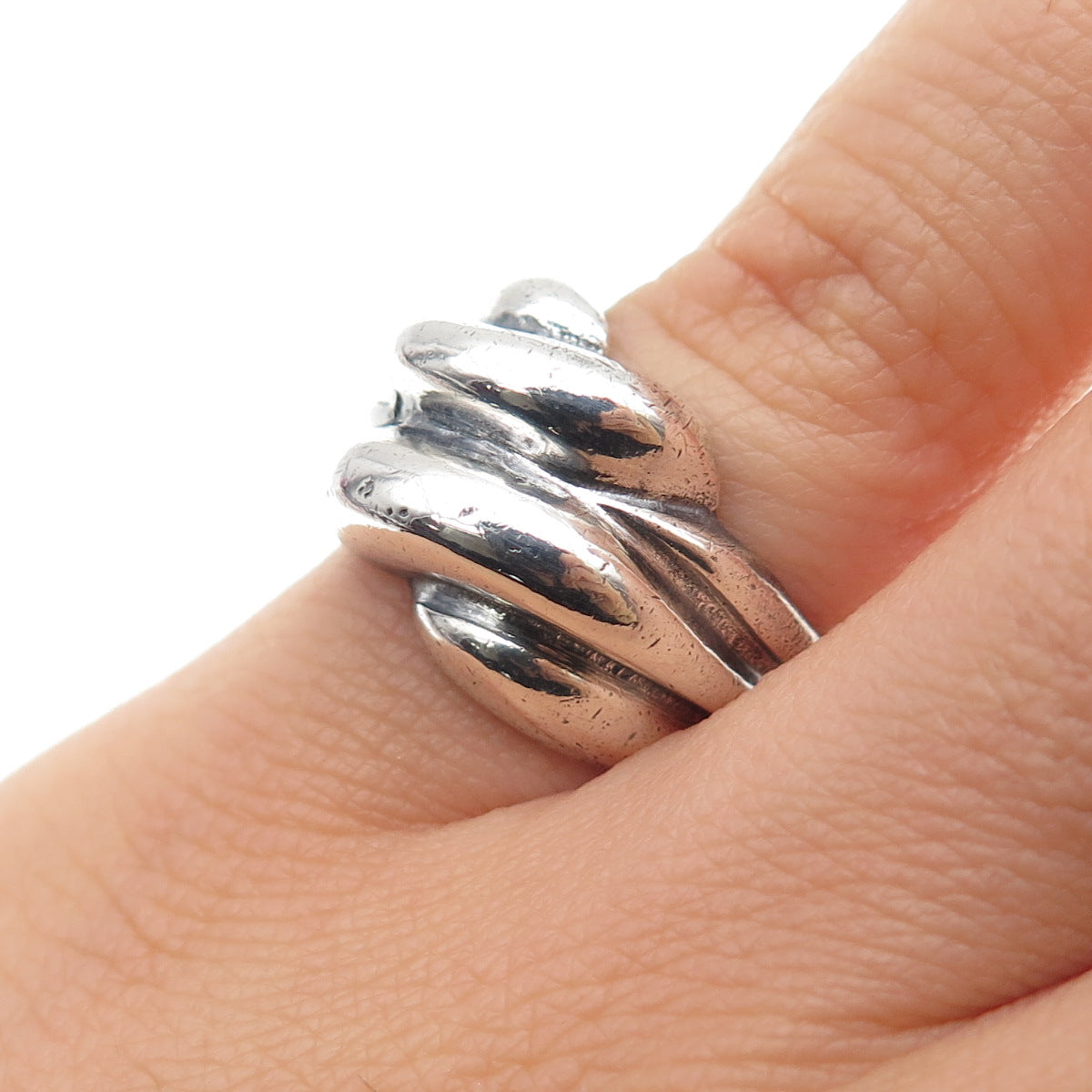 925 Sterling Silver Vintage Modernist Ribbed Bypass Oxidized Ring Size 5