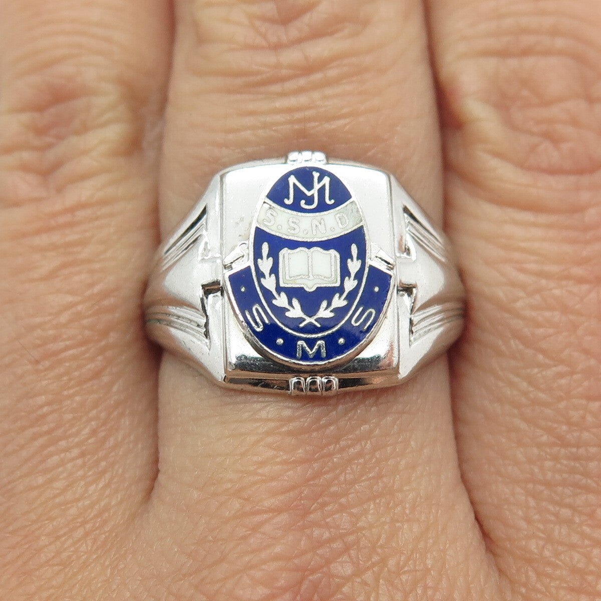 SK & F 925 Sterling Silver Vintage 1975 Enamel MJ Sister School Ring Size 8