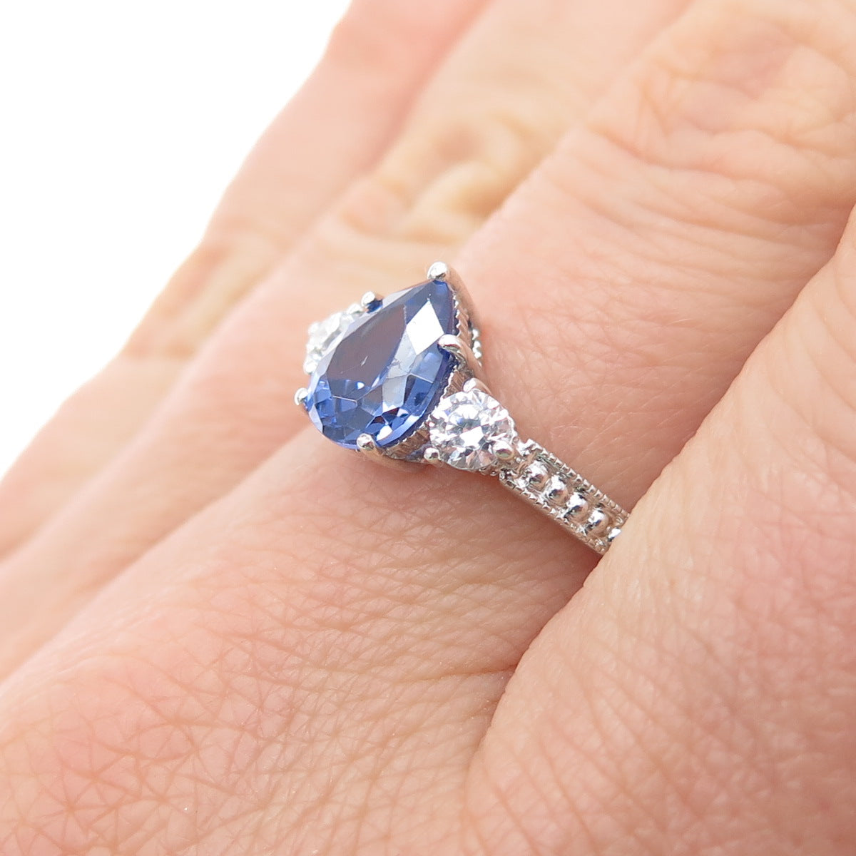 D'Manis 925 Sterling Silver Pear-Cut Blue & Round-Cut White C Z Ring Size 8.25