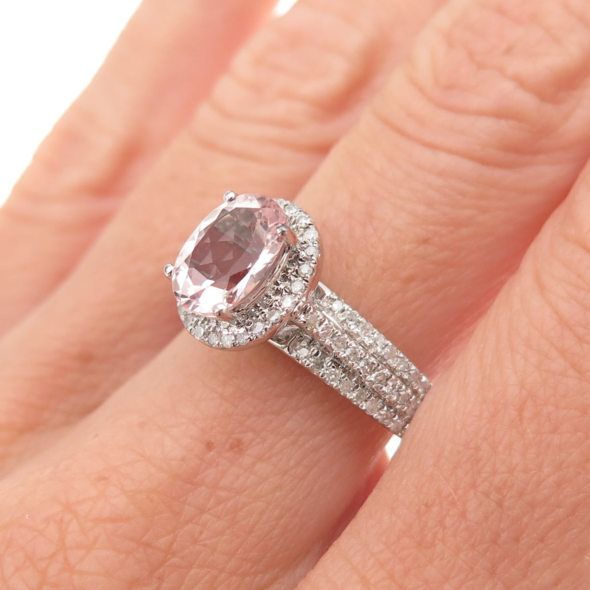 Lotus 925 Sterling Silver Real Diamond & Morganite Ring Size 10