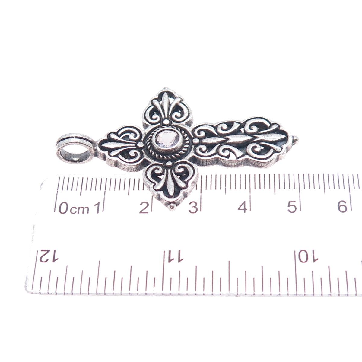 925 Sterling Silver Vintage Real Amethyst Floral Cross Oxidized Pendant