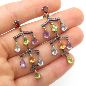 925 Sterling Silver Gold Plated Black Rhodium Real Diamond & Multi-Gem Earrings