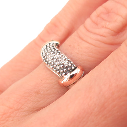 925 Sterling Silver 14K Gold Vintage Dotted Modernist Oxidized Wavy Ring Size 6