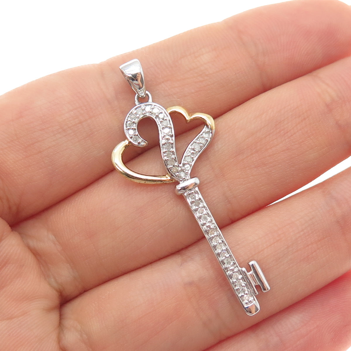 925 Sterling Silver 2-Tone Real Round-Cut Diamond Couple Heart Key Charm Pendant