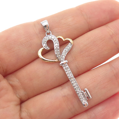 925 Sterling Silver 2-Tone Real Round-Cut Diamond Couple Heart Key Charm Pendant