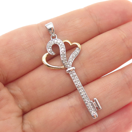 925 Sterling Silver 2-Tone Real Round-Cut Diamond Couple Heart Key Charm Pendant