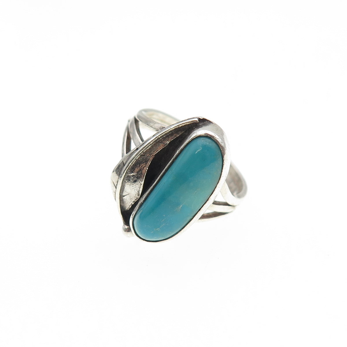 Old Pawn Sterling Silver Vintage Southwestern Turquoise Feather Ring Size 4.5