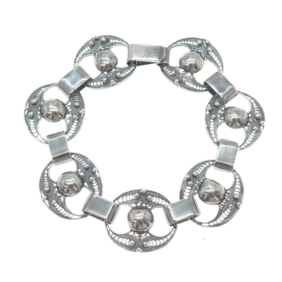 925 Sterling Silver Antique Art Deco Filigree Beaded Oxidized Link Bracelet 7.5"