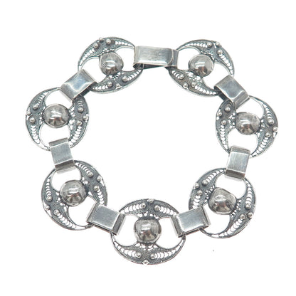 925 Sterling Silver Antique Art Deco Filigree Beaded Oxidized Link Bracelet 7.5"