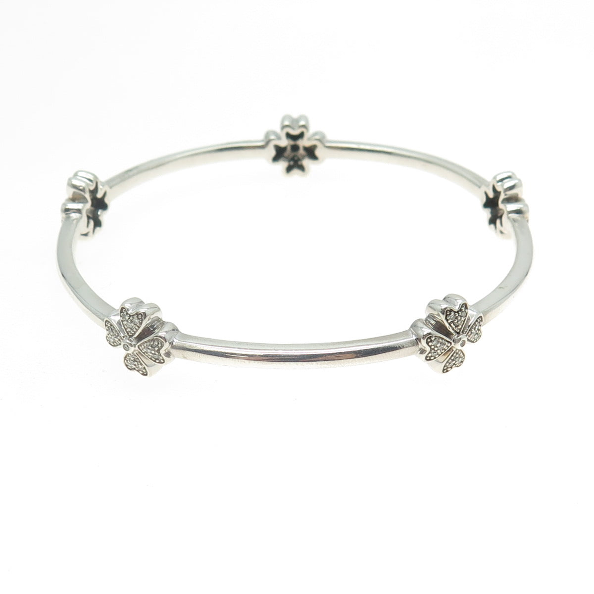 925 Sterling Silver Real Round-Cut Diamond Floral Bangle Bracelet 7.25"