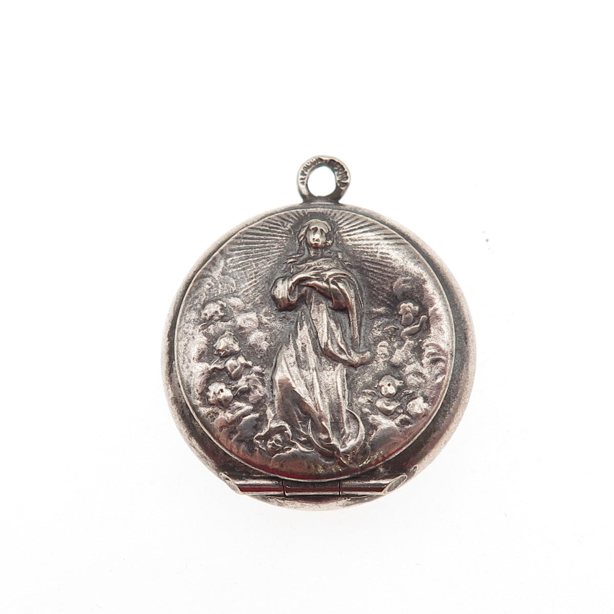 Silver-Tone Antique Victorian St. Mary Religious Oxidized Locket Charm Pendant