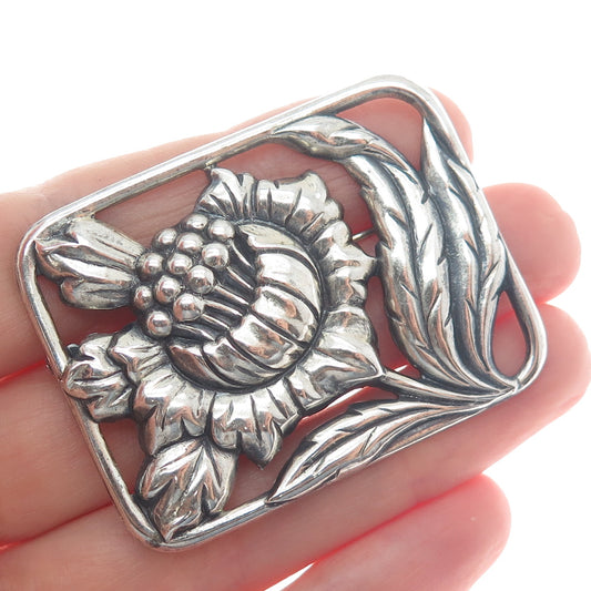 DANECRAFT 925 Sterling Silver Antique Art Deco Flower Repousse Oxidized Brooch