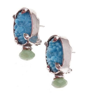 925 Sterling Silver Vintage Real Turquoise Aventurine Floral Omega Back Earrings