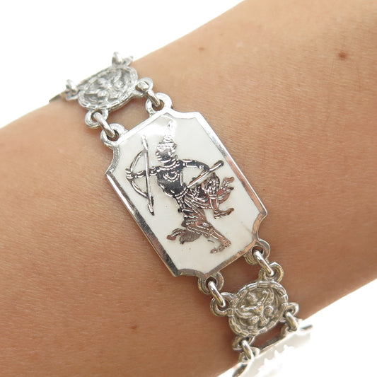 925 Sterling Silver Antique Enamel Siam Hindu Goddess Panel Link Bracelet 7.5"