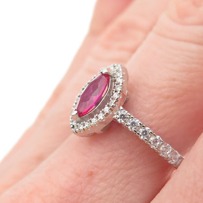 925 Sterling Silver Vintage Marquise-Cut Lab-Created Ruby & C Z Ring Size 7