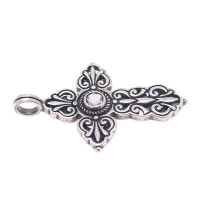 925 Sterling Silver Vintage Real Amethyst Floral Cross Oxidized Pendant