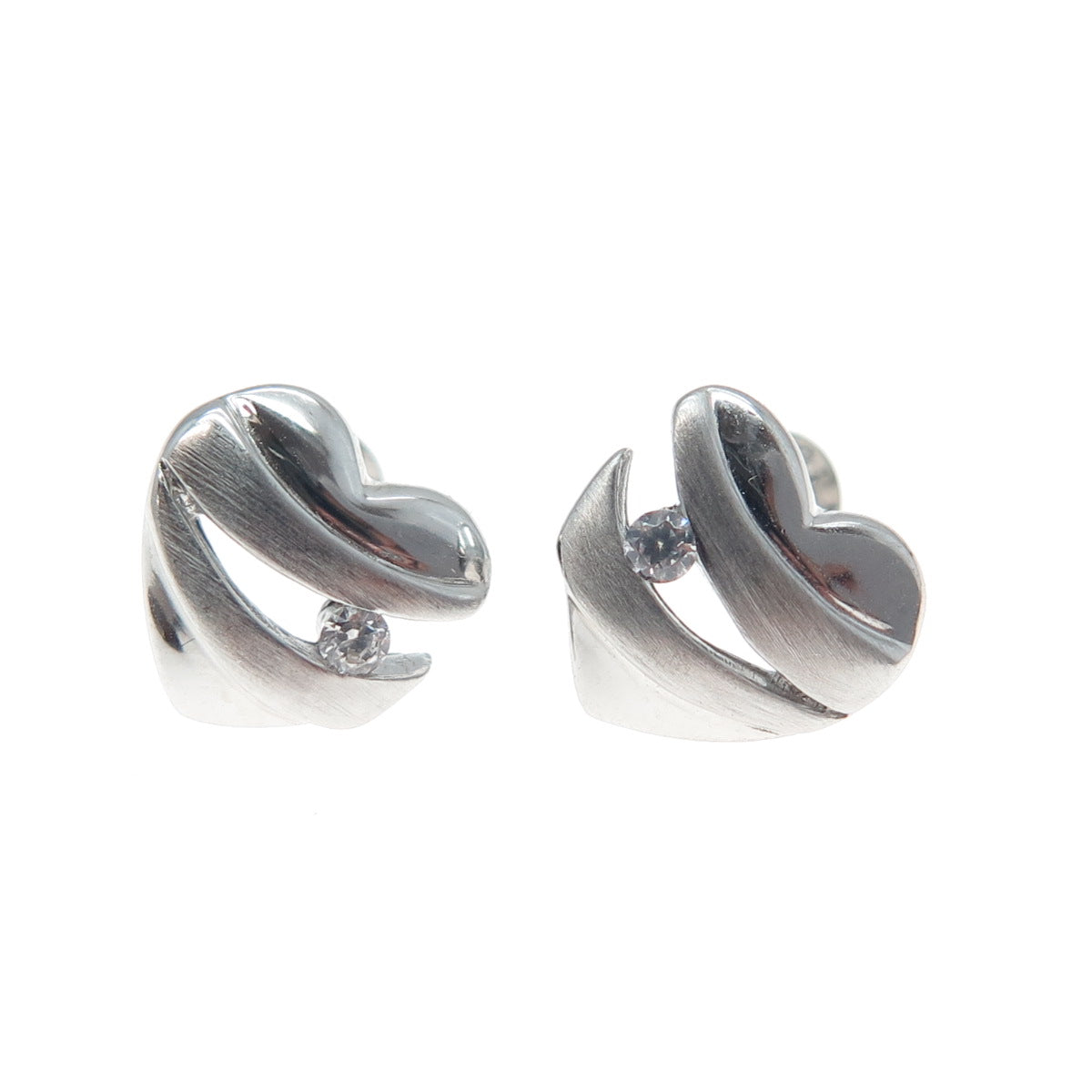925 Sterling Silver Round-Cut C Z Modernist Heart Stud Earrings