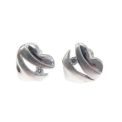 925 Sterling Silver Round-Cut C Z Modernist Heart Stud Earrings