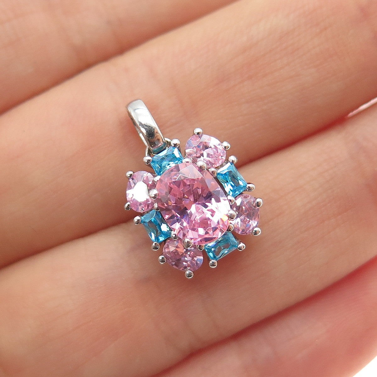 SAI 925 Sterling Silver Blue & Pink C Z Mini Charm Pendant