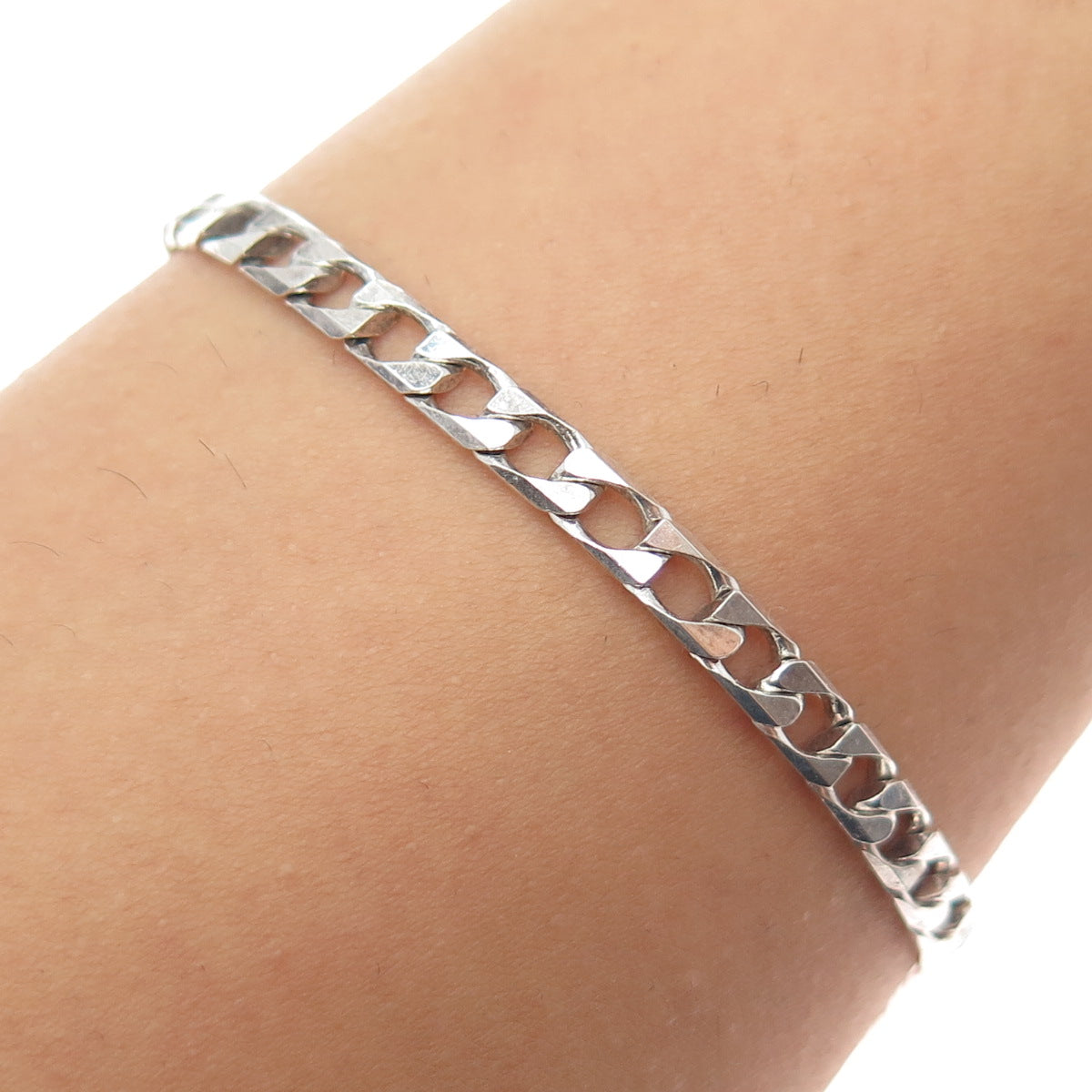 925 Sterling Silver Vintage Italy Square Curb Link Oxidized Bracelet 7.5"