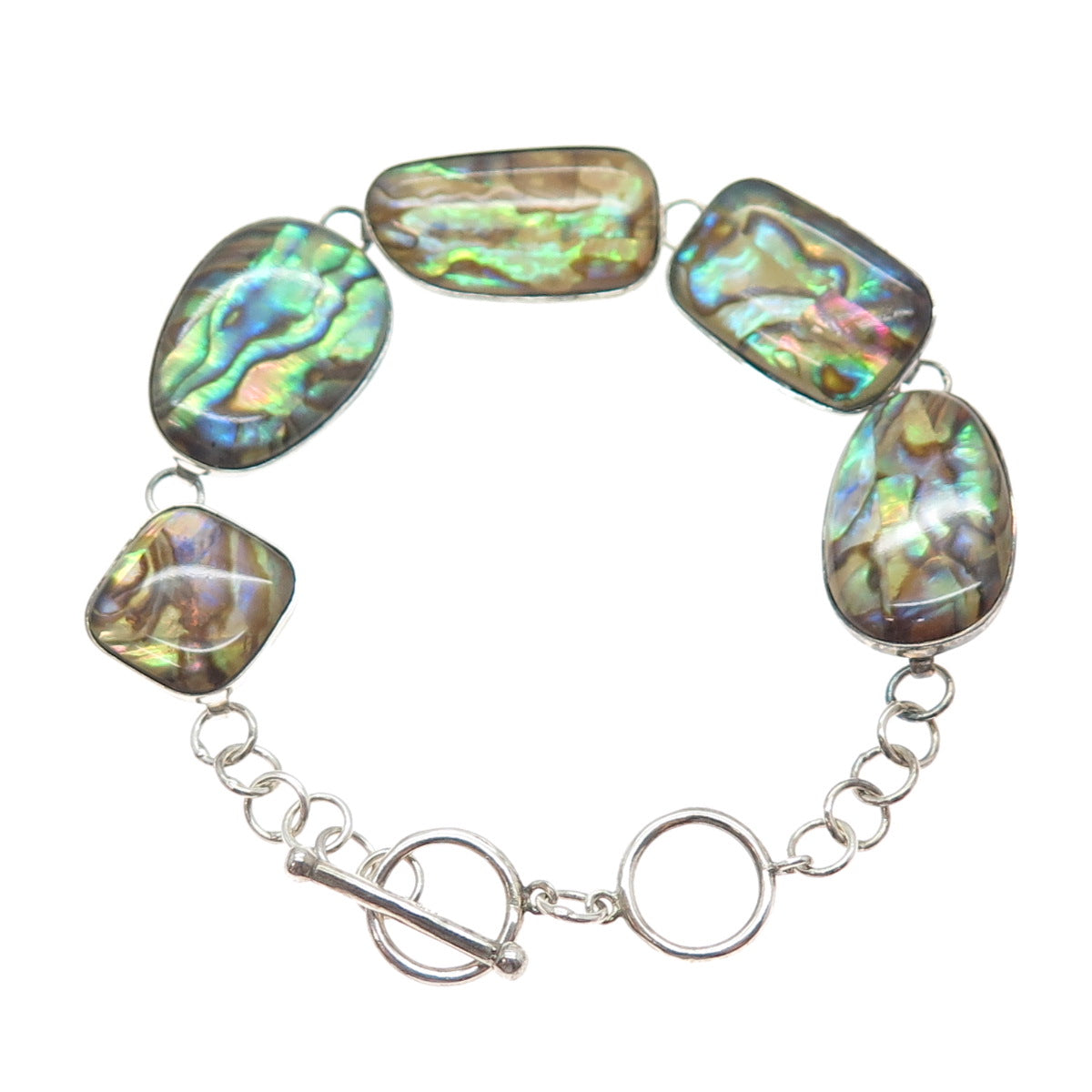 925 Sterling Silver Vintage Real Abalone Shell Modernist Bracelet 6.5-7.5"