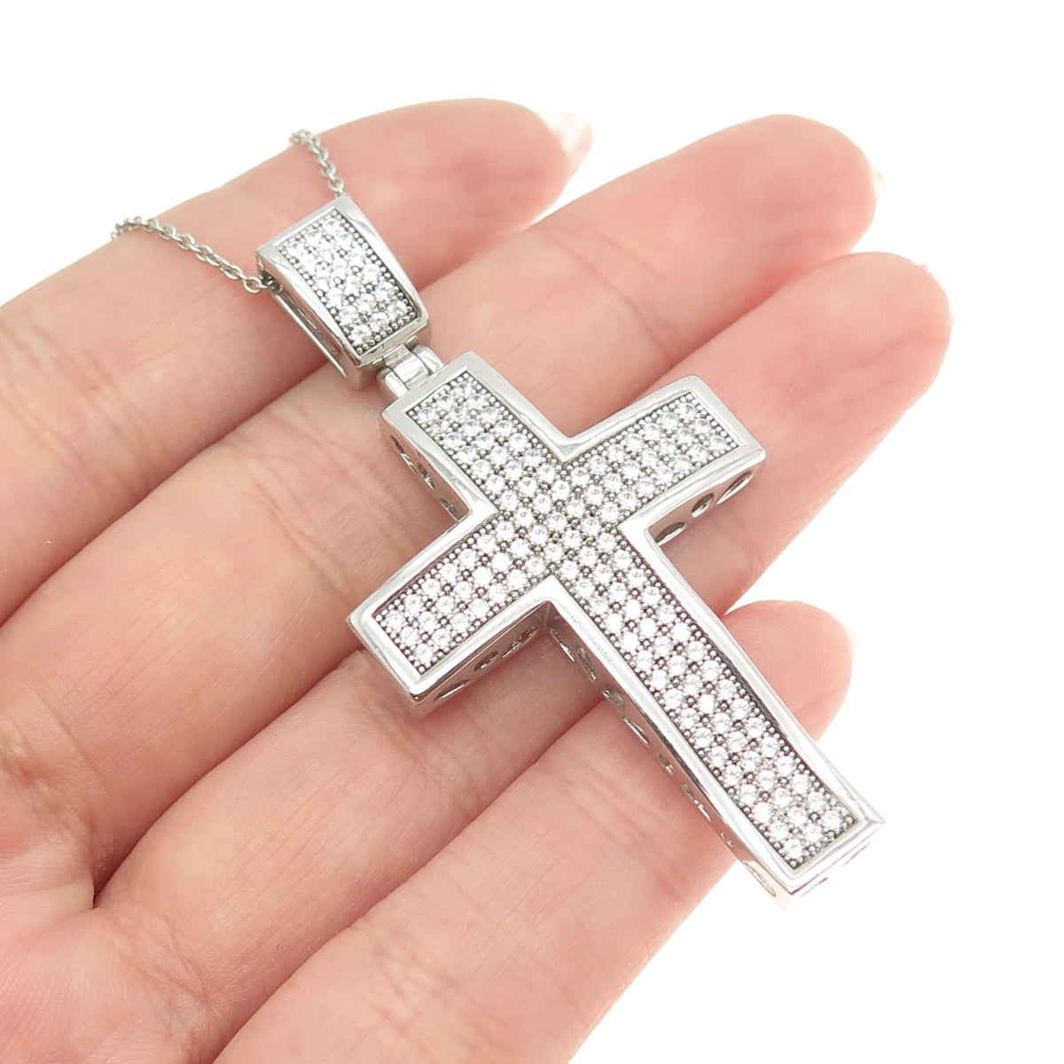 925 Sterling Silver Round-Cut C Z Sparkle Cross Cable Chain Necklace 20"