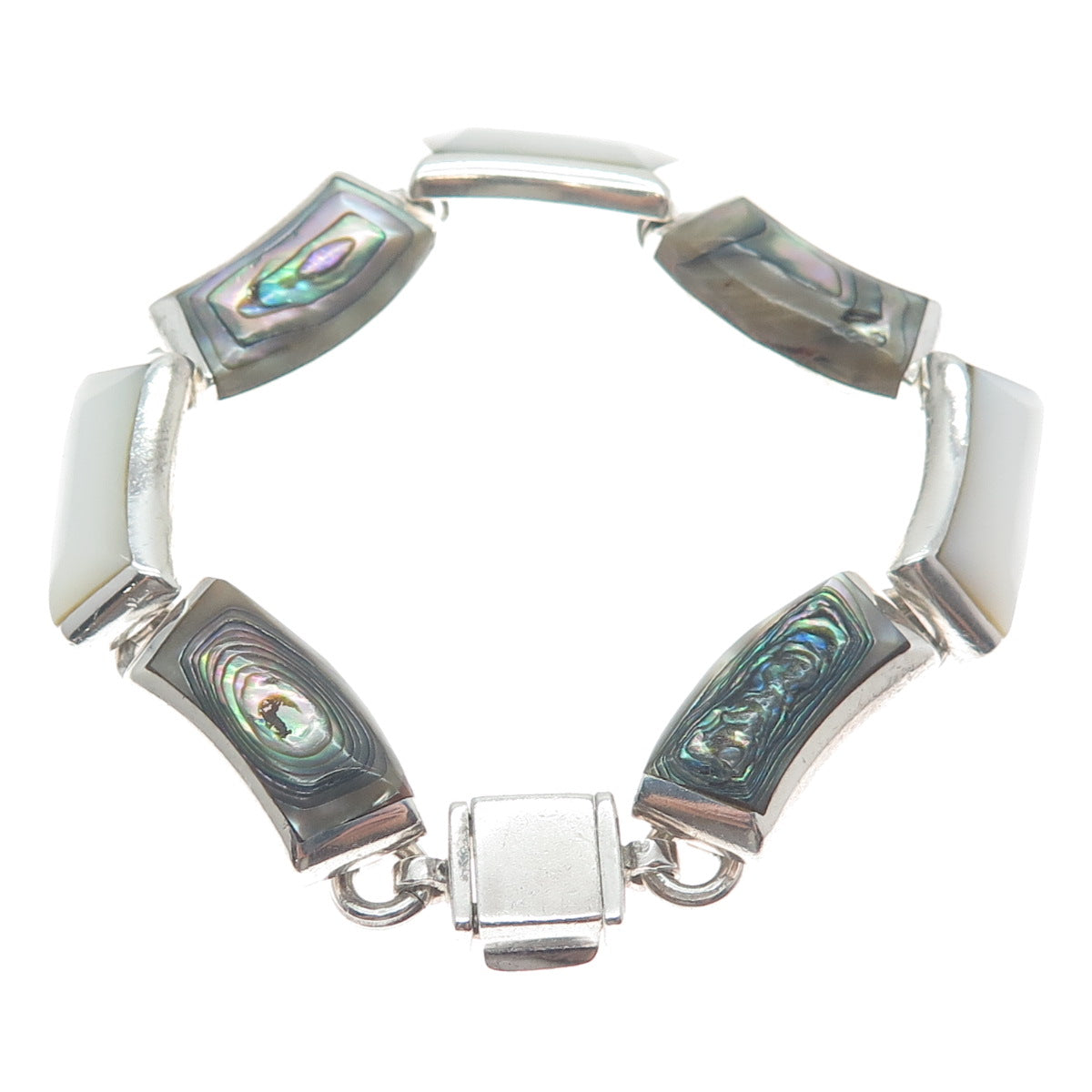 950 Silver Vintage Mexico Real Abalone Shell & MOP Modernist Bracelet 7.25"