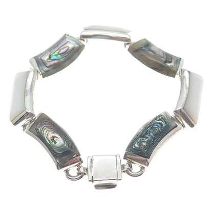 950 Silver Vintage Mexico Real Abalone Shell & MOP Modernist Bracelet 7.25"