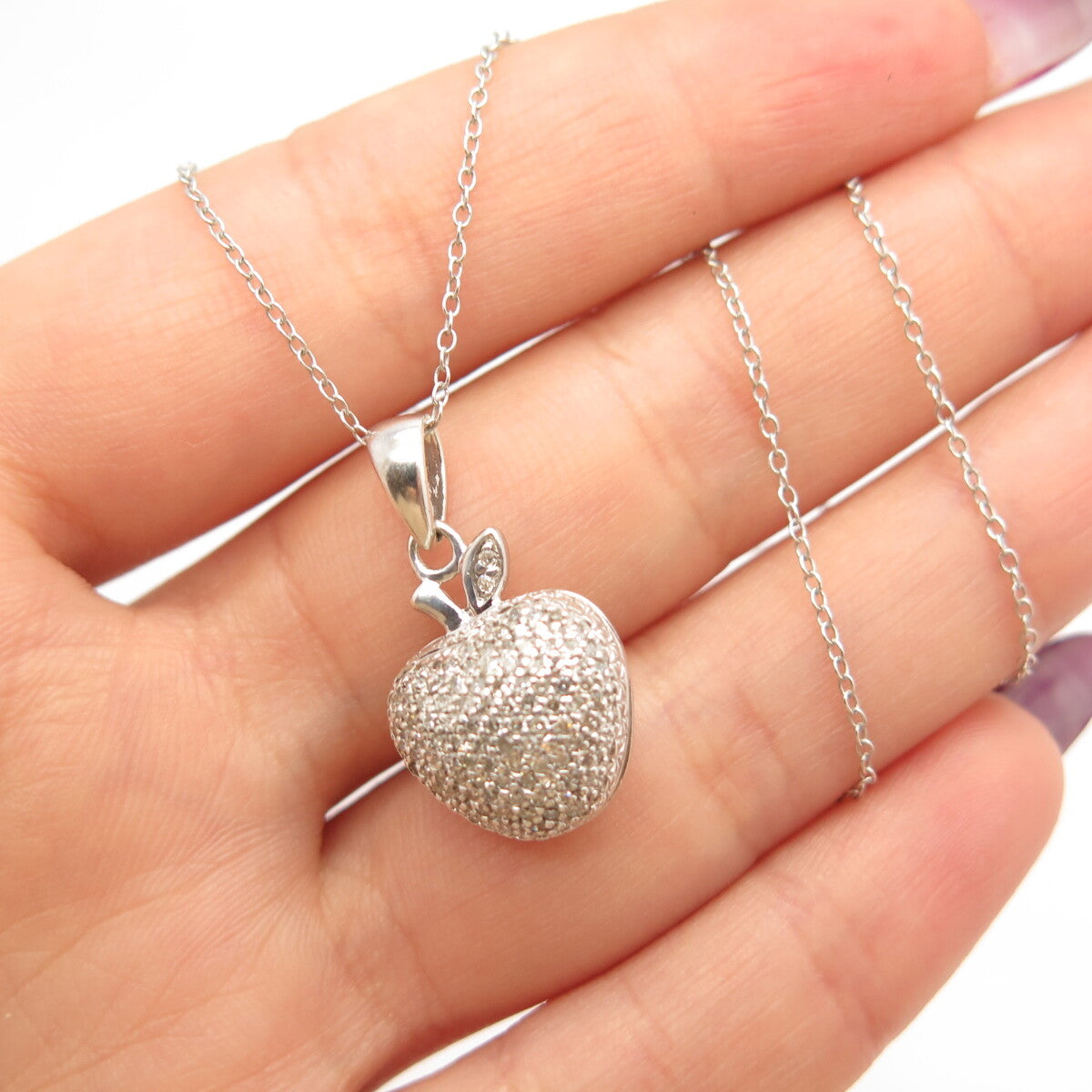 925 Sterling Silver Real Diamond Apple Pendant Rolo Chain Necklace 16"