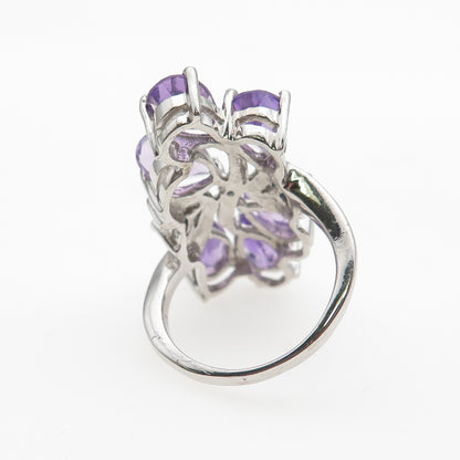 925 Sterling Silver Real Amethyst & Sapphire Cluster Ring Size 8