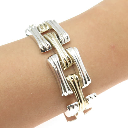 925 Sterling Silver 2-Tone Vintage Italy Modernist Panel Link Bracelet 7.5"