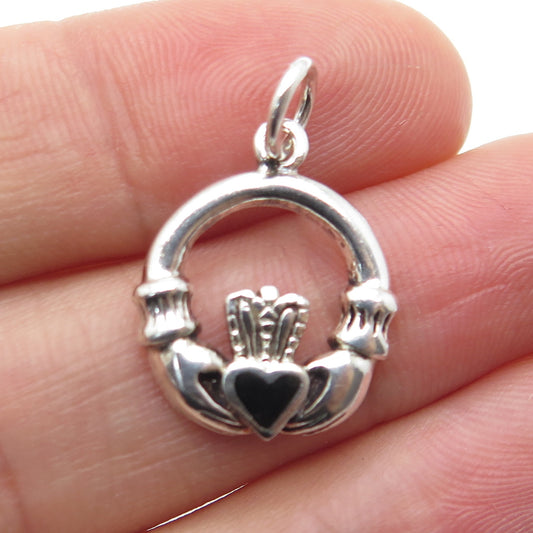 925 Sterling Silver Vintage Real Black Onyx Irish Claddagh Charm Pendant