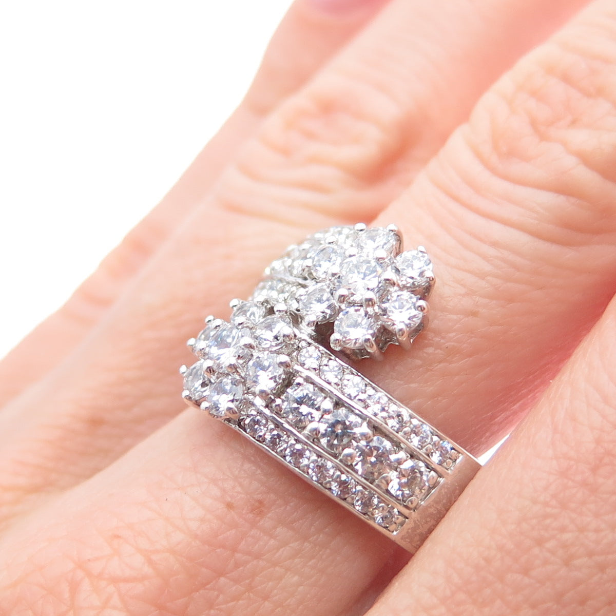 925 Sterling Silver Round-Cut C Z Flower Bypass Ring Size 10.25