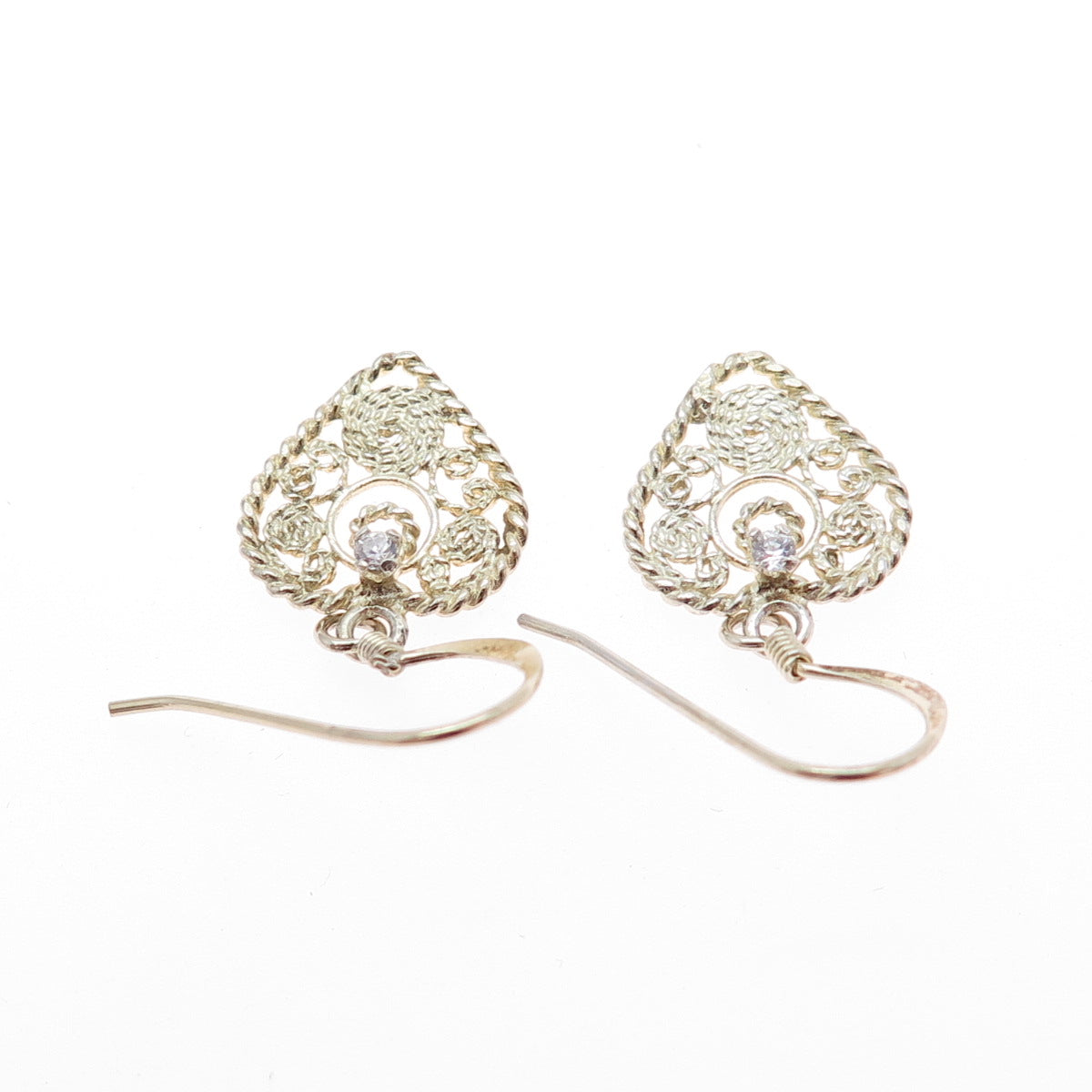 925 Sterling Silver Gold Plated Vintage Round-Cut C Z Heart Dangle Earrings