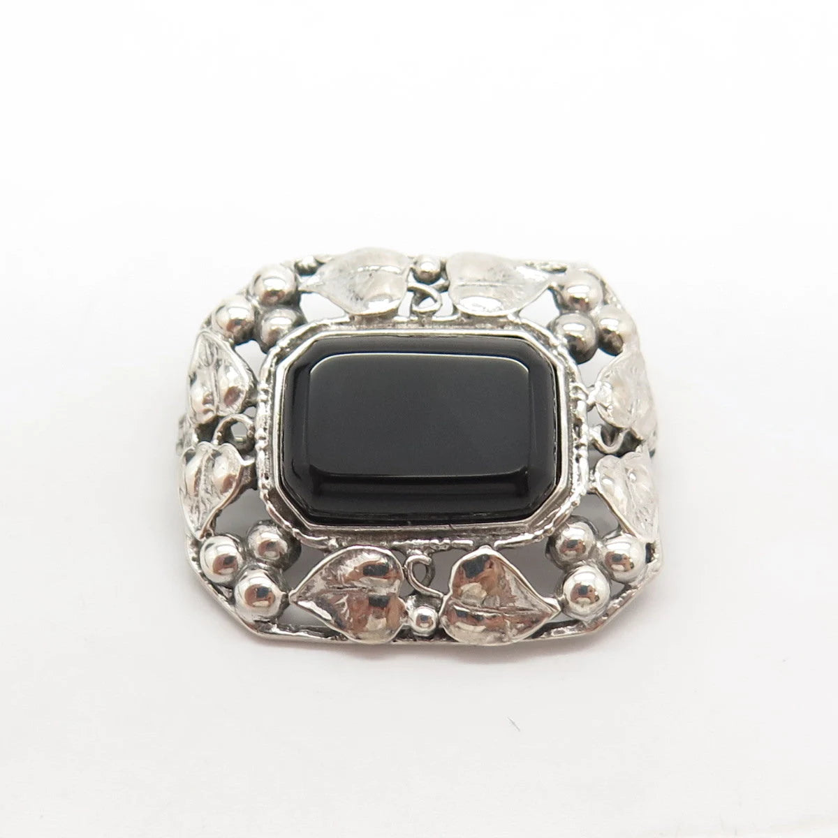 925 Sterling Silver Vintage Real Black Onyx Gemstone Leaf Pin Brooch