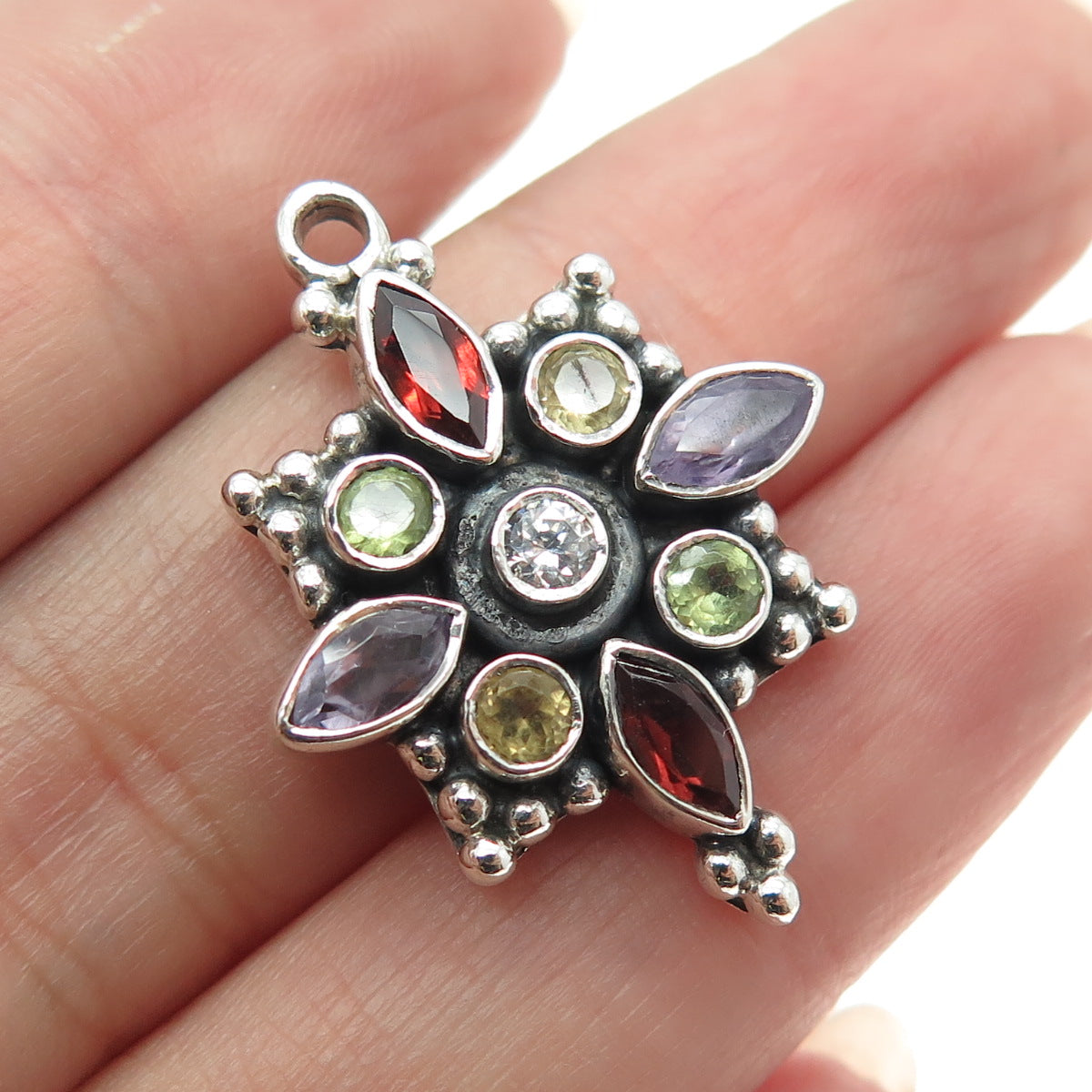 925 Sterling Silver Vintage Amethyst Citrine Peridot Garnet Topaz Gem Pendant