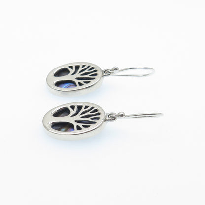 925 Sterling Silver Vintage Real Abalone Shell Tree of Life Dangle Earrings