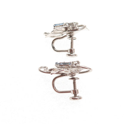 Carl Art 925 Sterling Vintage Blue & White Rhinestone Floral Screw Back Earrings