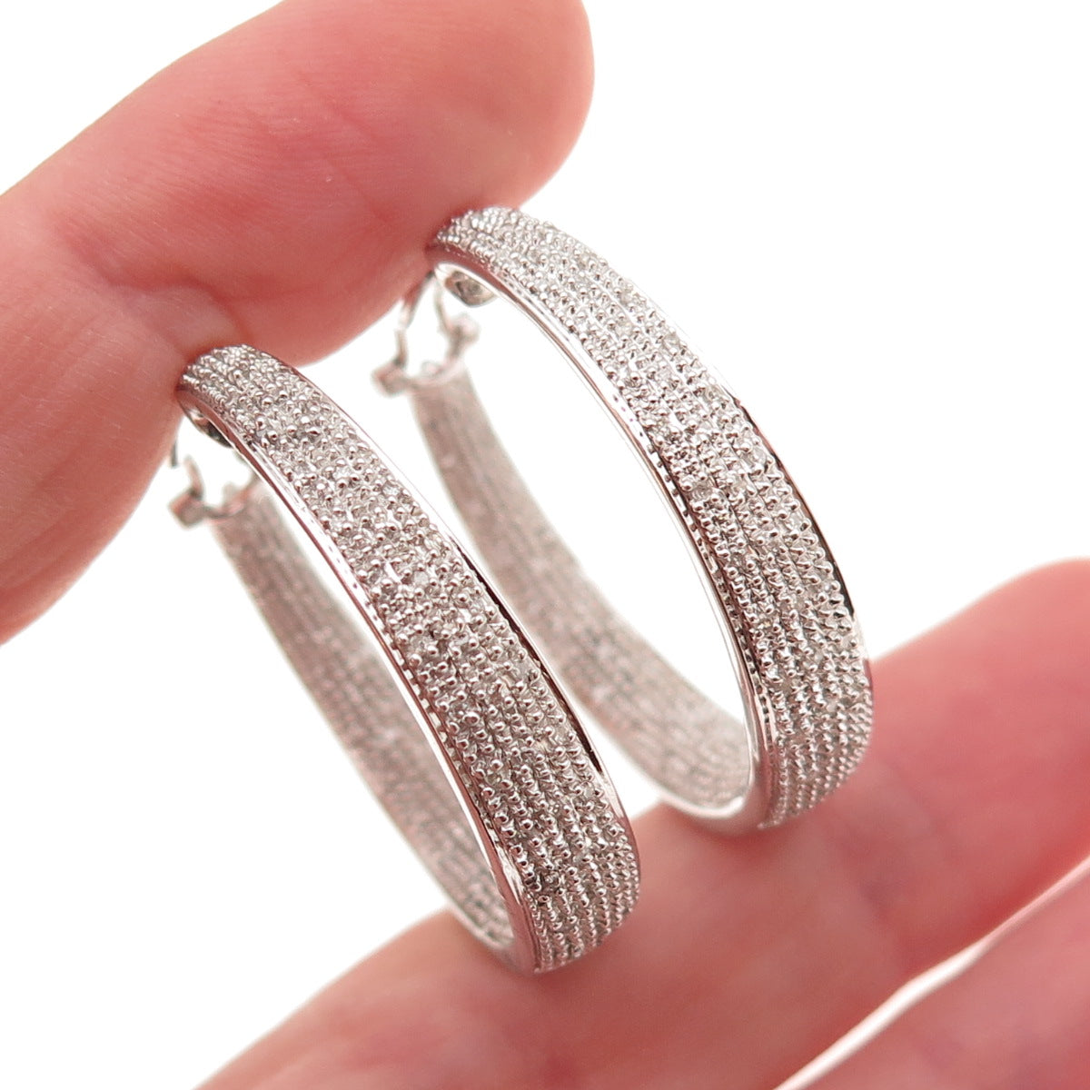 925 Sterling Silver Real Round-Cut Diamond In & Out Hoop Earrings