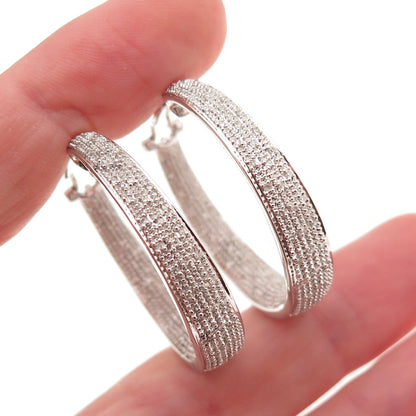 925 Sterling Silver Real Round-Cut Diamond In & Out Hoop Earrings