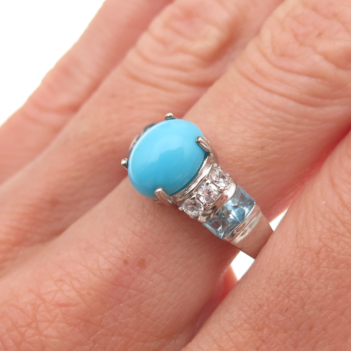 Chuck Clemency 925 Sterling Silver Real Turquoise Blue & White Topaz Ring Size 8