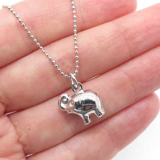 925 Sterling Silver Italy Puffy Elephant Pendant Beaded Chain Necklace 16-18"