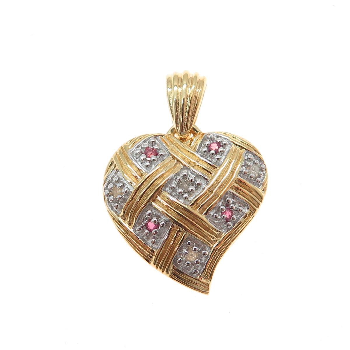DBJ DEE BERKLE 925 Sterling Silver Gold Plated Real Diamond & Ruby Heart Pendant