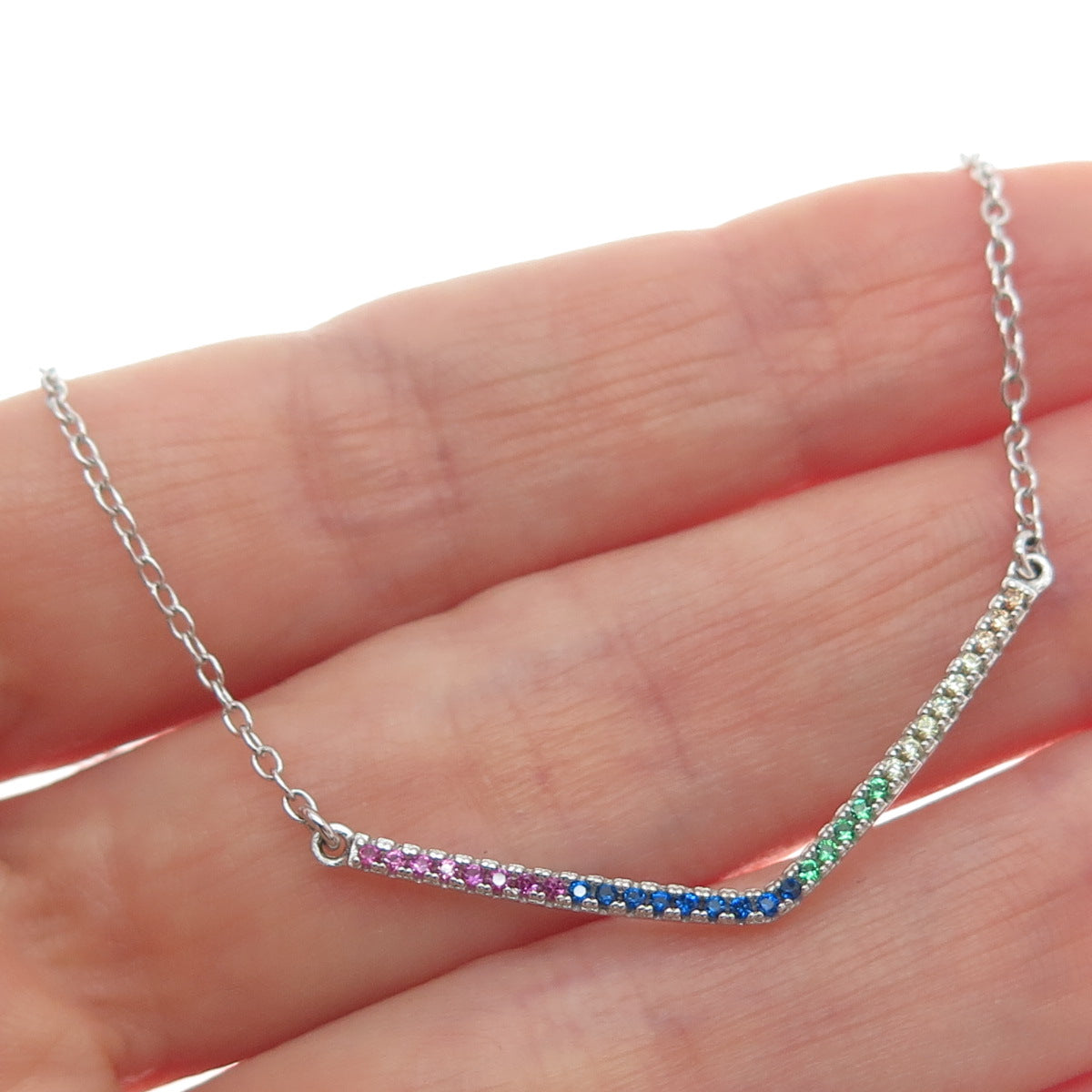 925 Sterling Silver Multi-Color C Z V-Style Cable Chain Necklace 16"