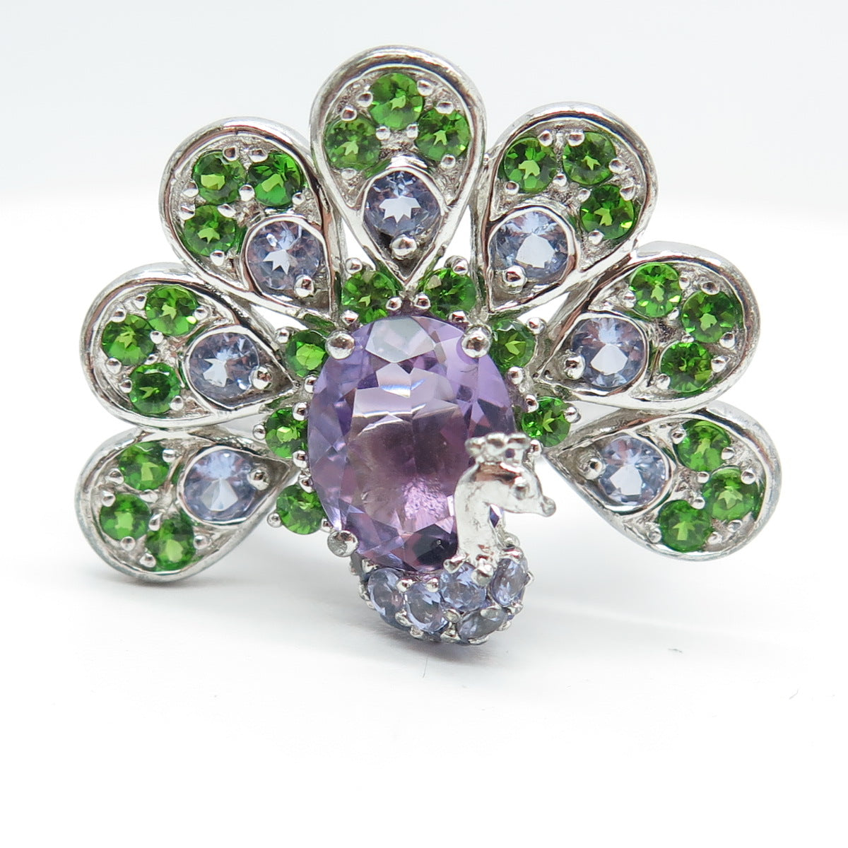 925 Sterling Silver Real Amethyst & Peridot Gemstone Peacock Ring Size 8