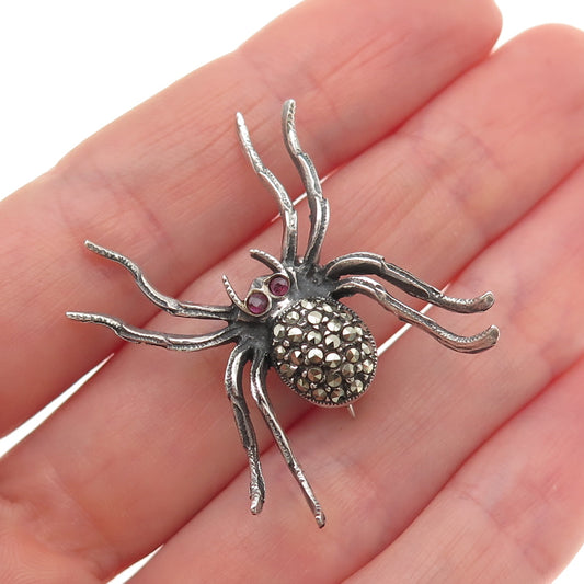 925 Sterling Silver Vintage Real Ruby & Marcasite Spider Oxidized Pin Brooch